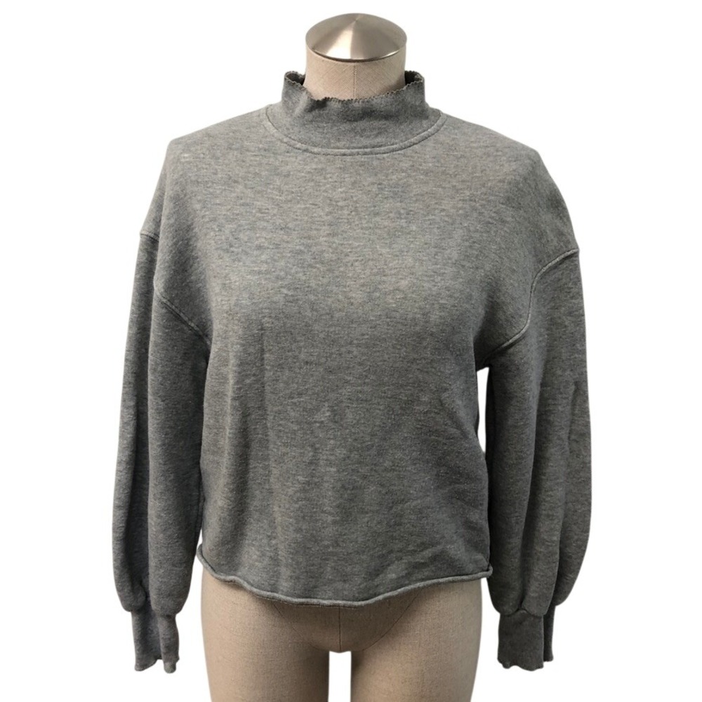 J. Crew Sweatshirt Womens XS Gray Mock Neck Balloon Sleeve Raw Hem Minimalist